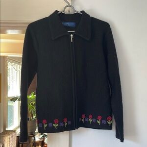 Wool zip front cardigan jacket with floral embroidery